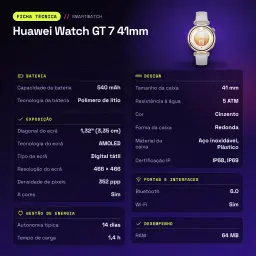 Huawei Watch GT 7 41mm Cinzento NFC Bateria 14 Dias Chamadas Bluetooth - características