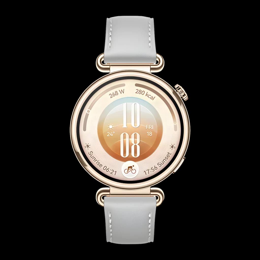 Relógio elegante 41mm em cinzento com caixa dourada, ecrã circular AMOLED, mostrador com métricas de saúde e tempo, bracelete de couro cinzenta