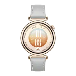 Relógio elegante 41mm em cinzento com caixa dourada, ecrã circular AMOLED, mostrador com métricas de saúde e tempo, bracelete de couro cinzenta