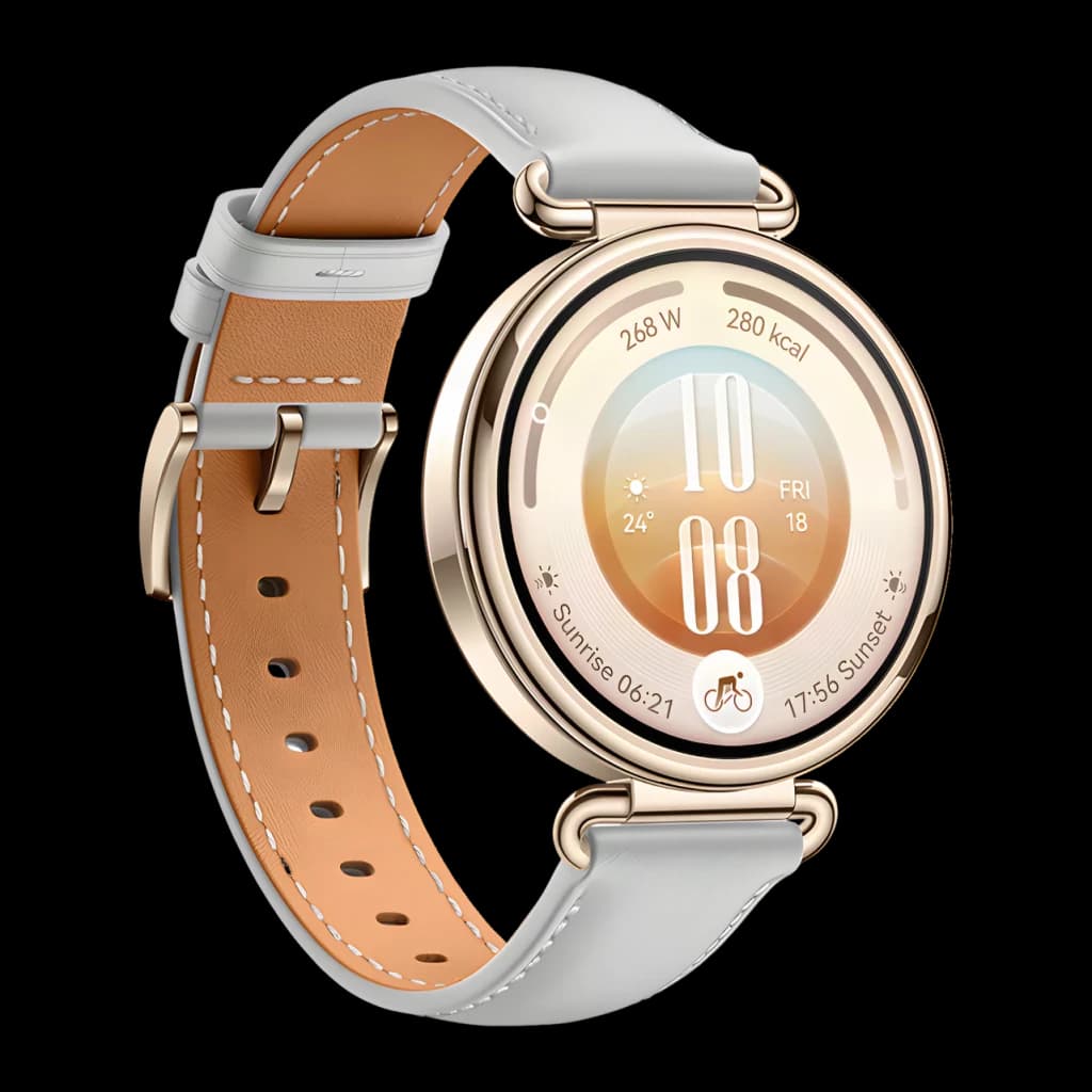 Huawei Watch GT 7 41mm Cinzento NFC Bateria 14 Dias Chamadas Bluetooth, vista lateral: caixa dourada, bracelete couro