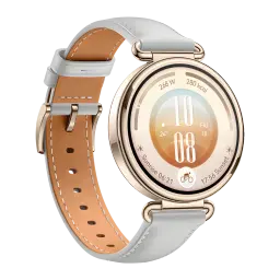 Huawei Watch GT 7 41mm Cinzento NFC Bateria 14 Dias Chamadas Bluetooth, vista lateral: caixa dourada, bracelete couro