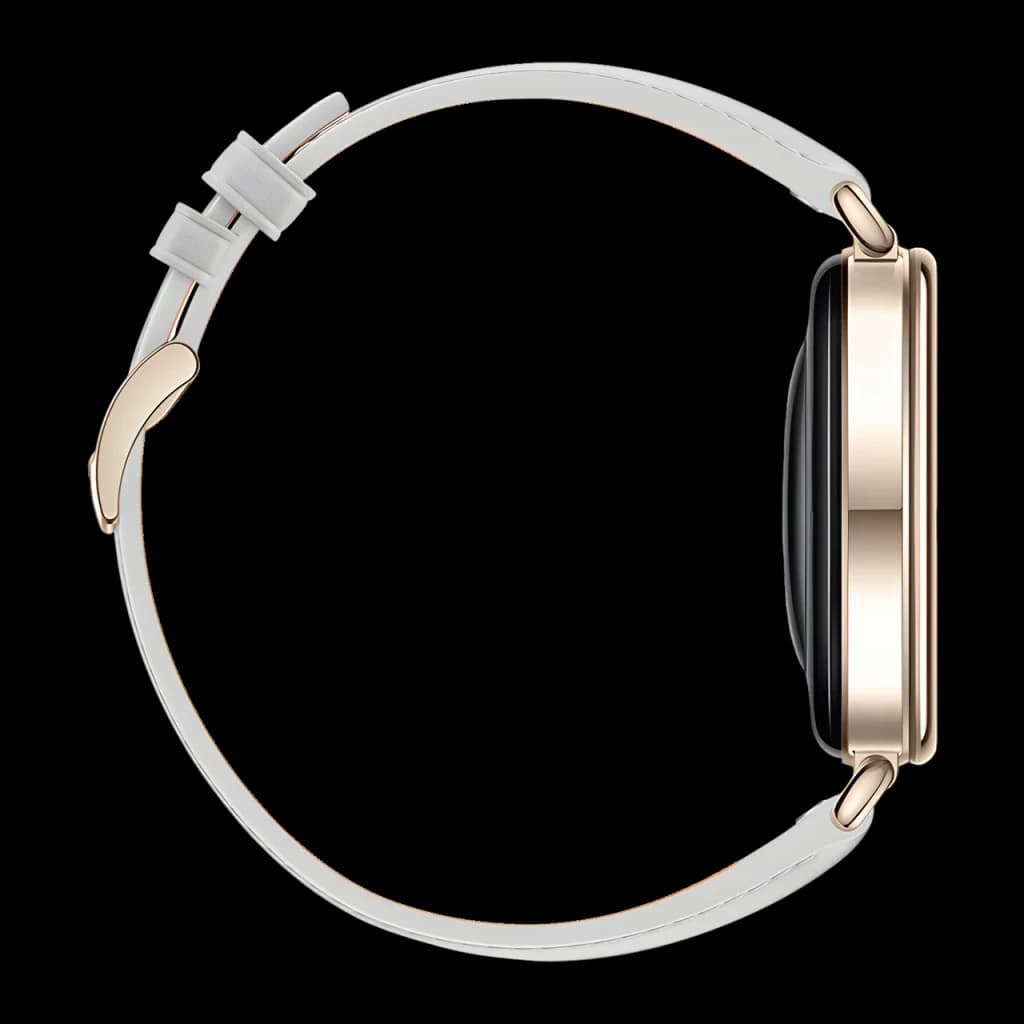 Huawei Watch GT 7 41mm Cinzento NFC Bateria 14 Dias Chamadas Bluetooth, lateral: caixa dourada e bracelete branca de couro