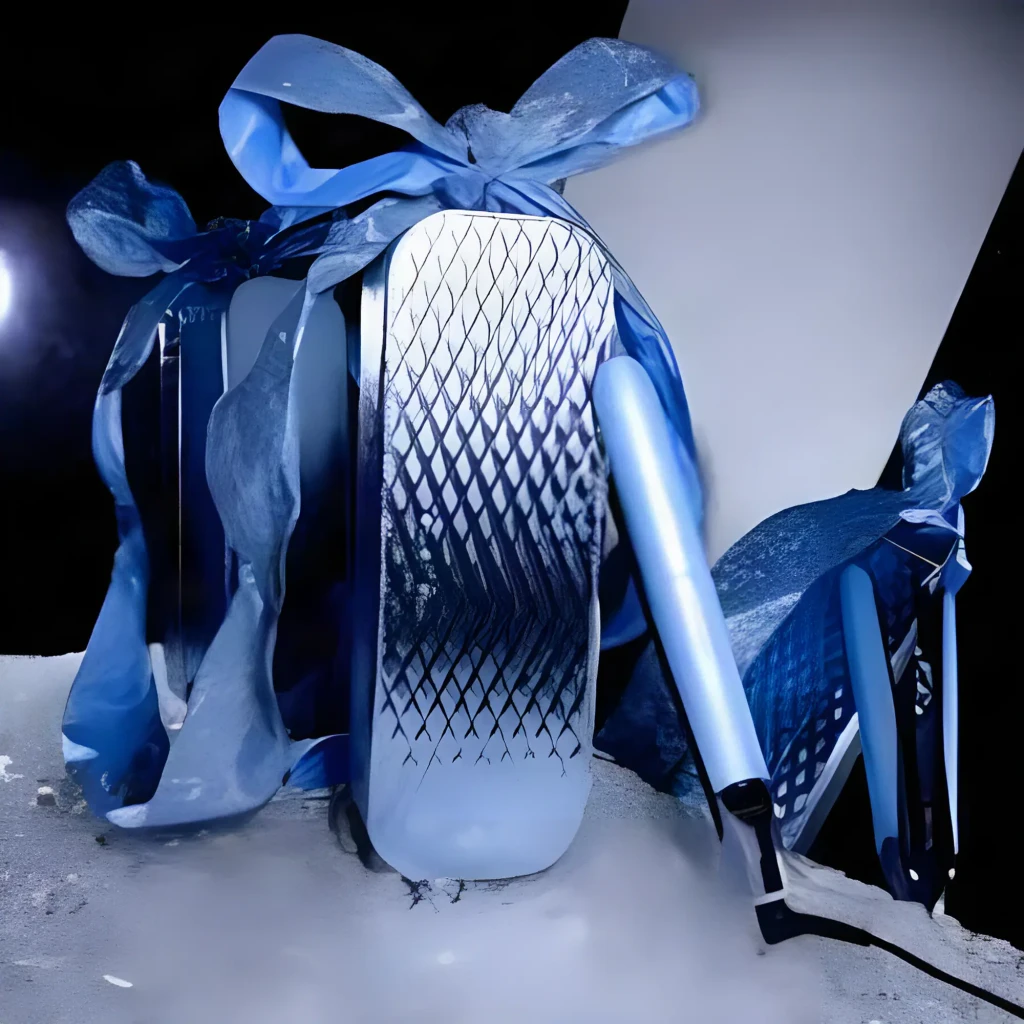 GHD Chronos Iced Luxe azul gélido, vista editorial: chapinha com textura losango metálica e laço azul em cena nevada