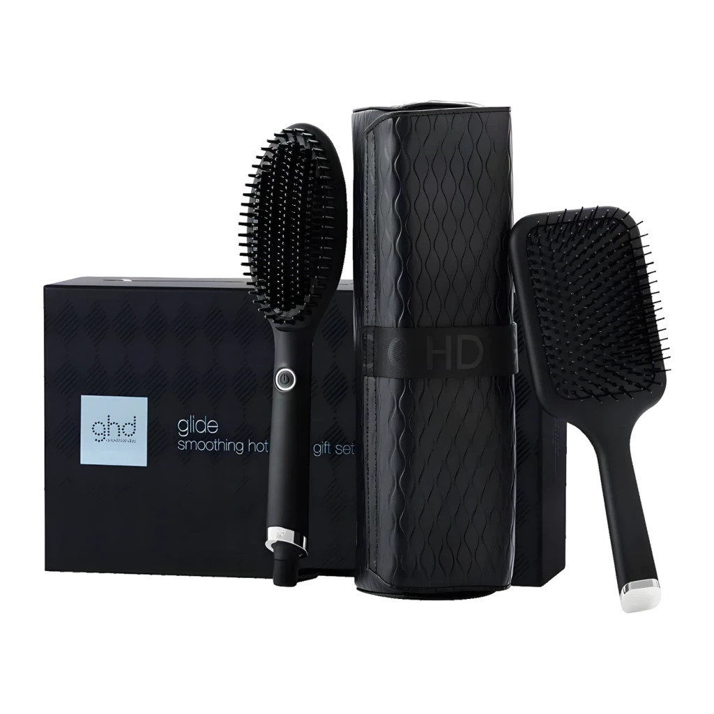 GHD Max + Paddle Brush Gift Set Preto, vista conjunto: escova alisadora, bolsa enrolável e paddle brush pretos com caixa