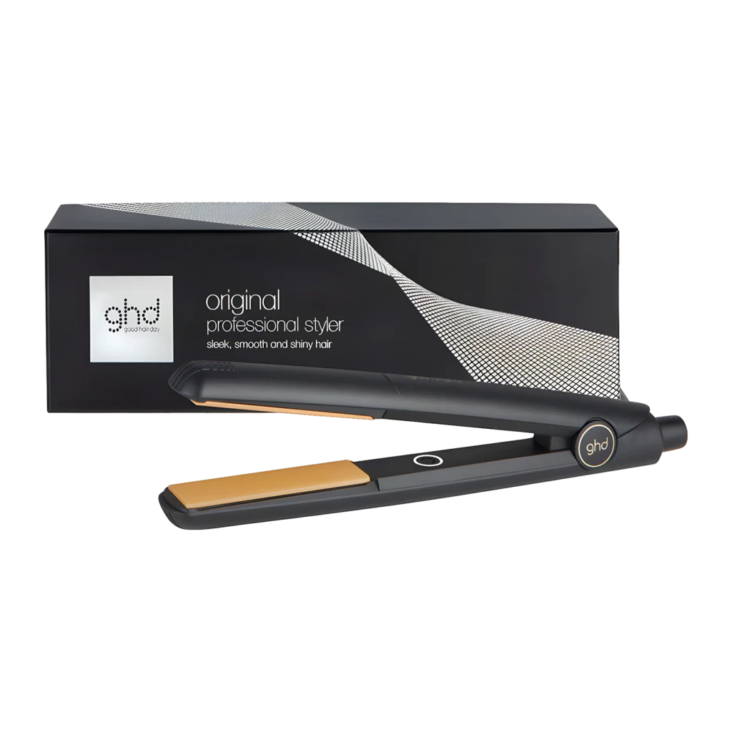 ghd Original Styler preto, vista com caixa: chapinha aberta mostrando placas douradas ao lado da embalagem preta