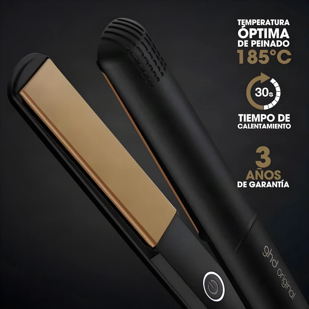 ghd Original Styler preto, vista lateral: placas douradas, logo e dados 185°C, 30s aquecimento, 3 anos garantia