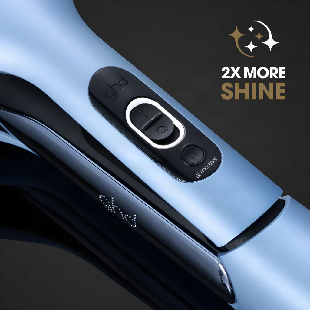 GHD Duet Style Vapor Azul, detalhe: painel de controlo com botão on/off e shine shot, logo ghd e texto 2X More Shine