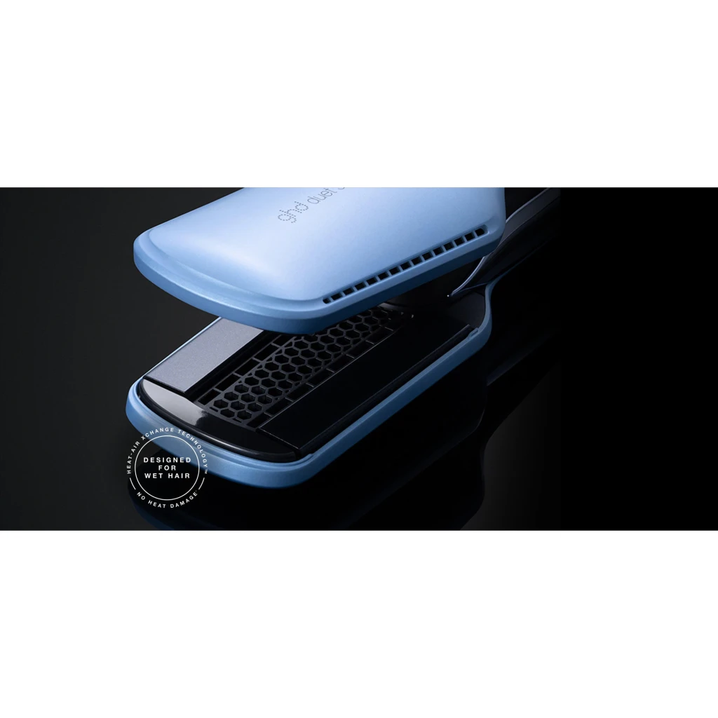GHD Duet Style Vapor Azul, detalhe: pratos abertos com grelha hexagonal e ventilação lateral azul