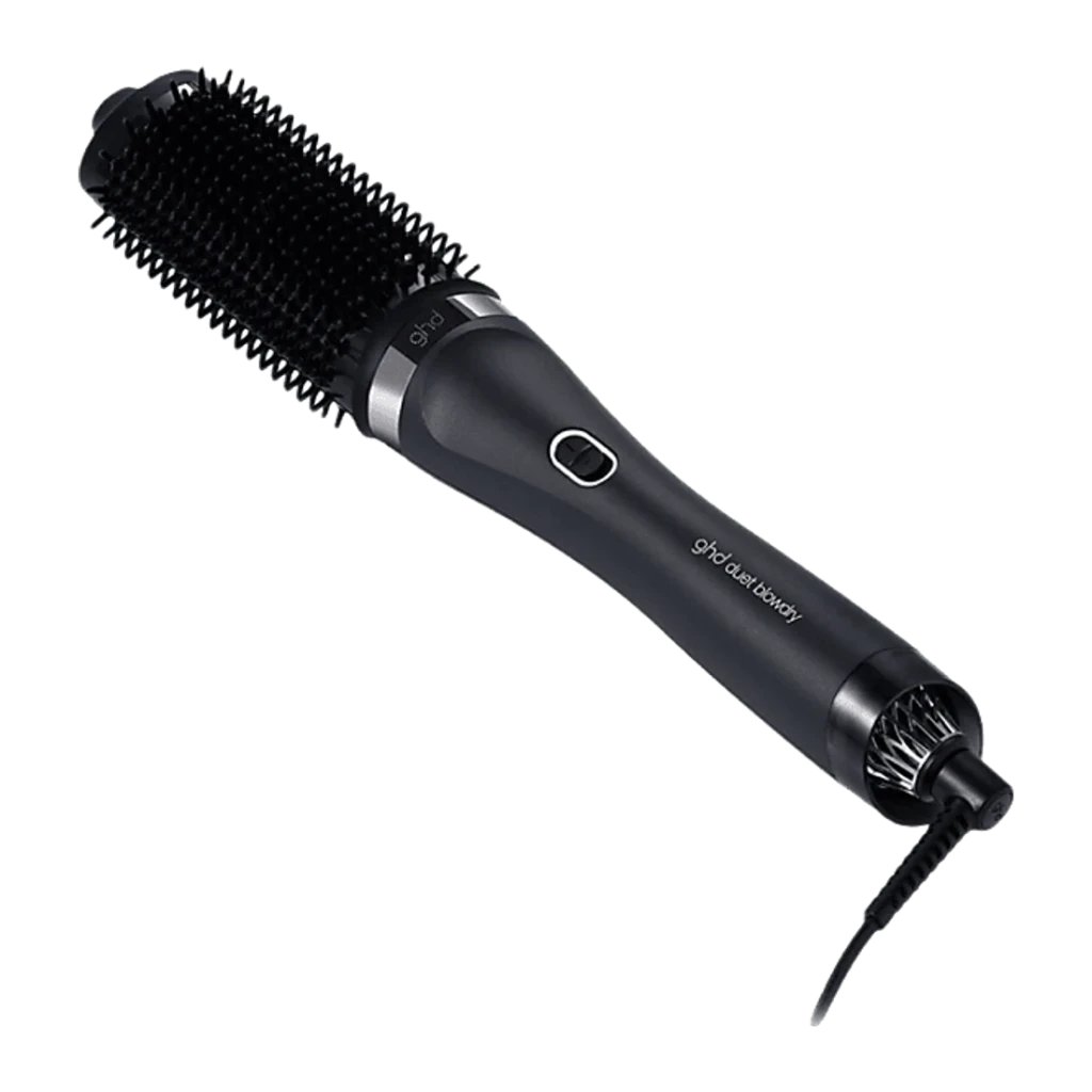 GHD Blowdry Giftset Preto, vista lateral: escova de ar quente com cerdas, cabo ergonómico e botão central