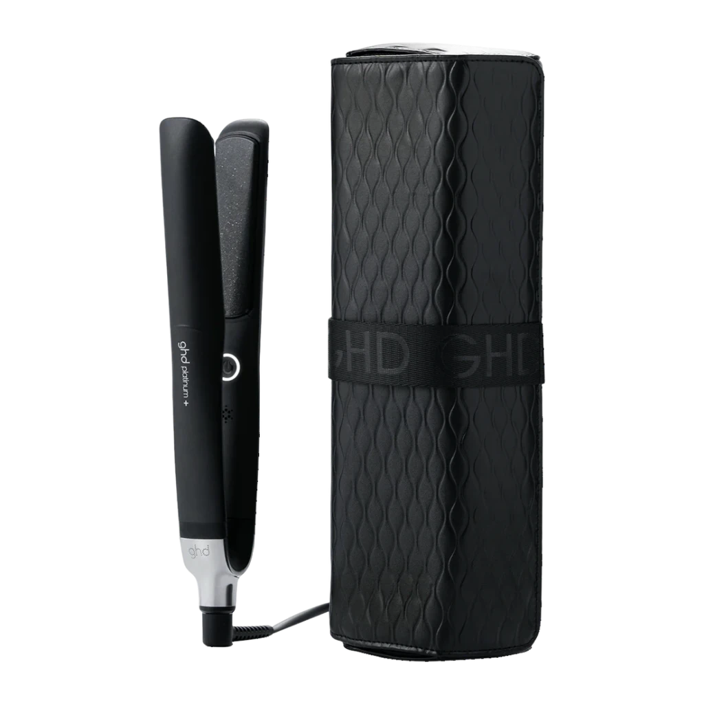 GHD Platinum+ Paddle Brush Gift Set preto, vista lateral: chapinha preta com placas e estojo enrolável texturizado com faixa
