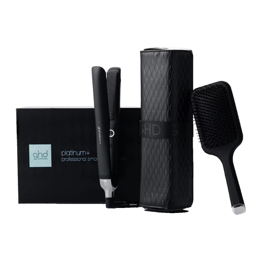 GHD Platinum+ Paddle Brush Gift Set preto, vista conjunto: prancha, bolsa texturizada, escova paleta e caixa preta