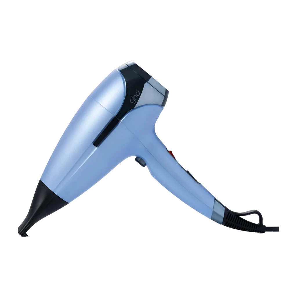 GHD Helios Iced Luxe azul gélido, vista lateral: secador perfil completo com bocal preto e logo ghd visível