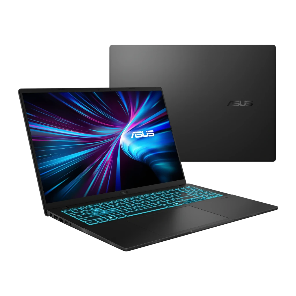 ASUS Vivobook V3607VM 1TB noir mat, vue avant et arrière: écran allumé avec clavier rétroéclairé cyan et couvercle avec logo
