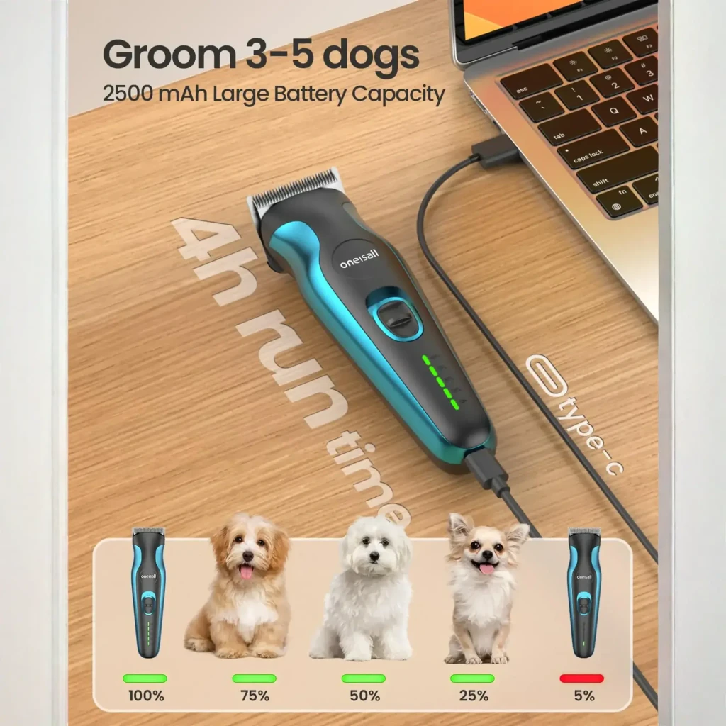 Oneisall Tondeuse DTJ-001, batterie: charge USB-C sur bois, indicateur LED et autonomie pour 3-5 chiens