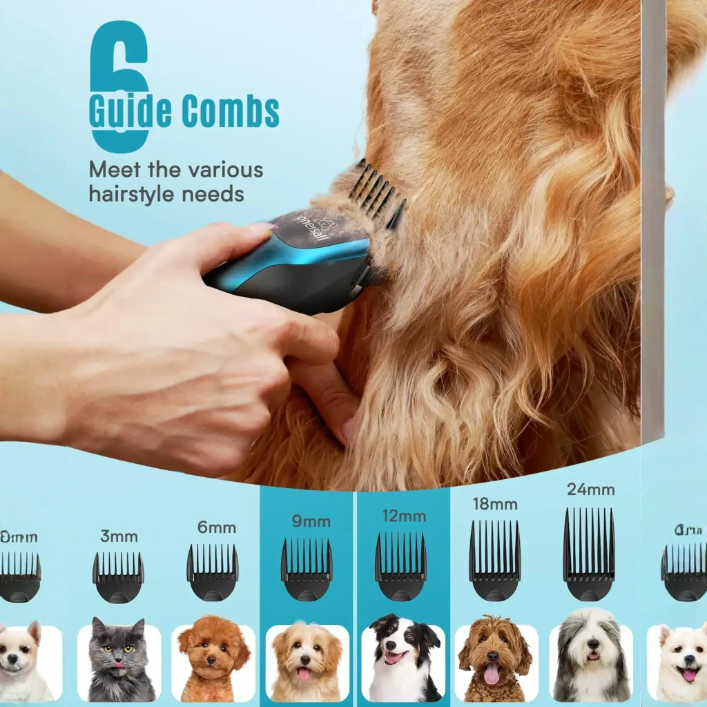 Oneisall DTJ-001 tondeuse animaux, infographie: 6 sabots 3-24mm et utilisation sur chien doré