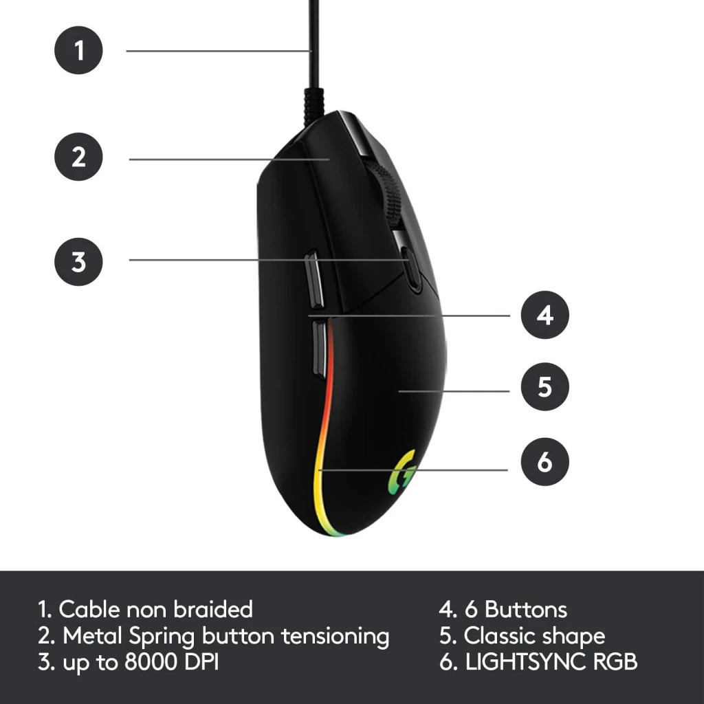 Logitech Ratón G203 Lightsync Azul - longitud de cable = 2,1 m | el cable llega con holgura a torres de