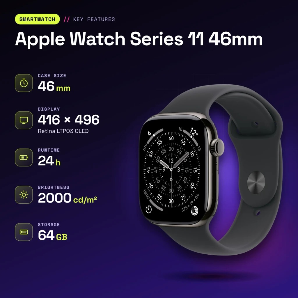 Apple Watch Series 11 GPS + Cellular 46mm Titanio Pizarra correa deportiva Negra M/L - características