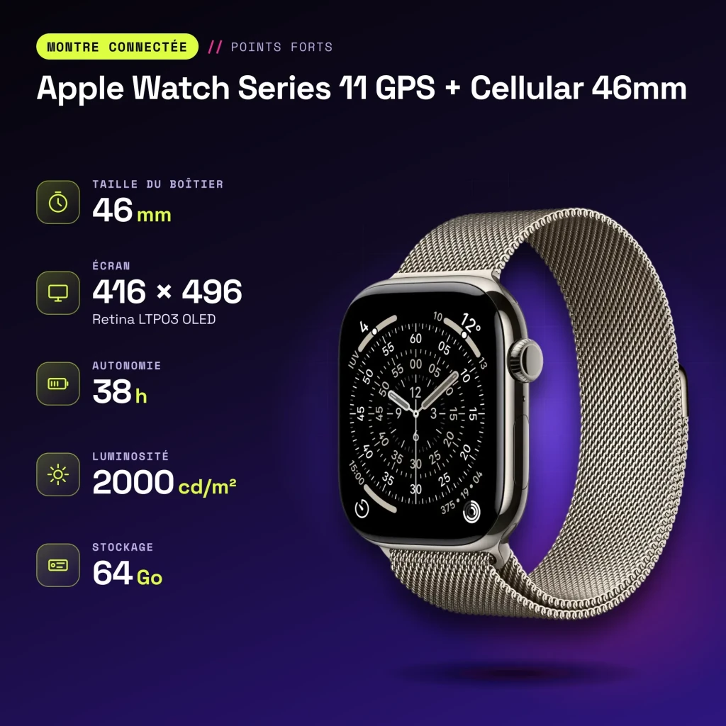 APPLE Watch Series 11 GPS + Cellular 46 mm Titanio Natural con correa Milanese Loop M/L 64 GB - características