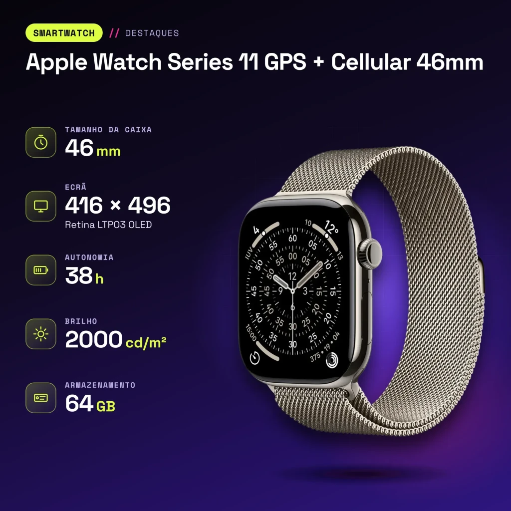 APPLE Watch Series 11 GPS + Cellular 46 mm Titanio Natural con correa Milanese Loop M/L 64 GB - características