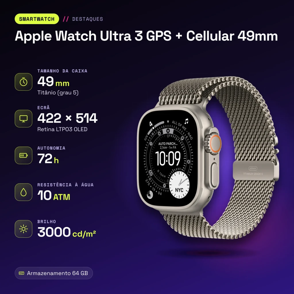 APPLE Smartwatch Watch Ultra 3 49 mm Titanio Natural 5G GPS 64 GB - características