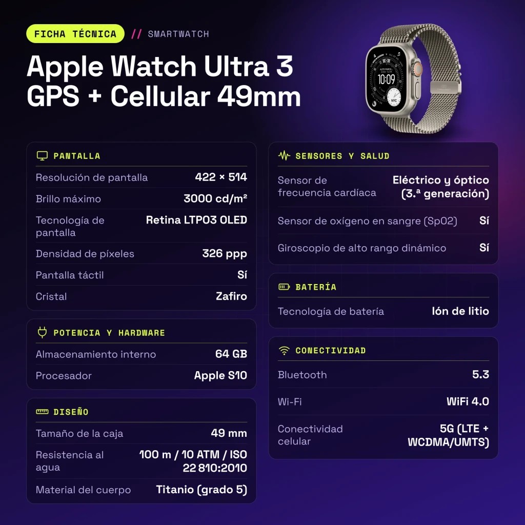 APPLE Smartwatch Watch Ultra 3 49 mm Titanio Natural 5G GPS 64 GB - características