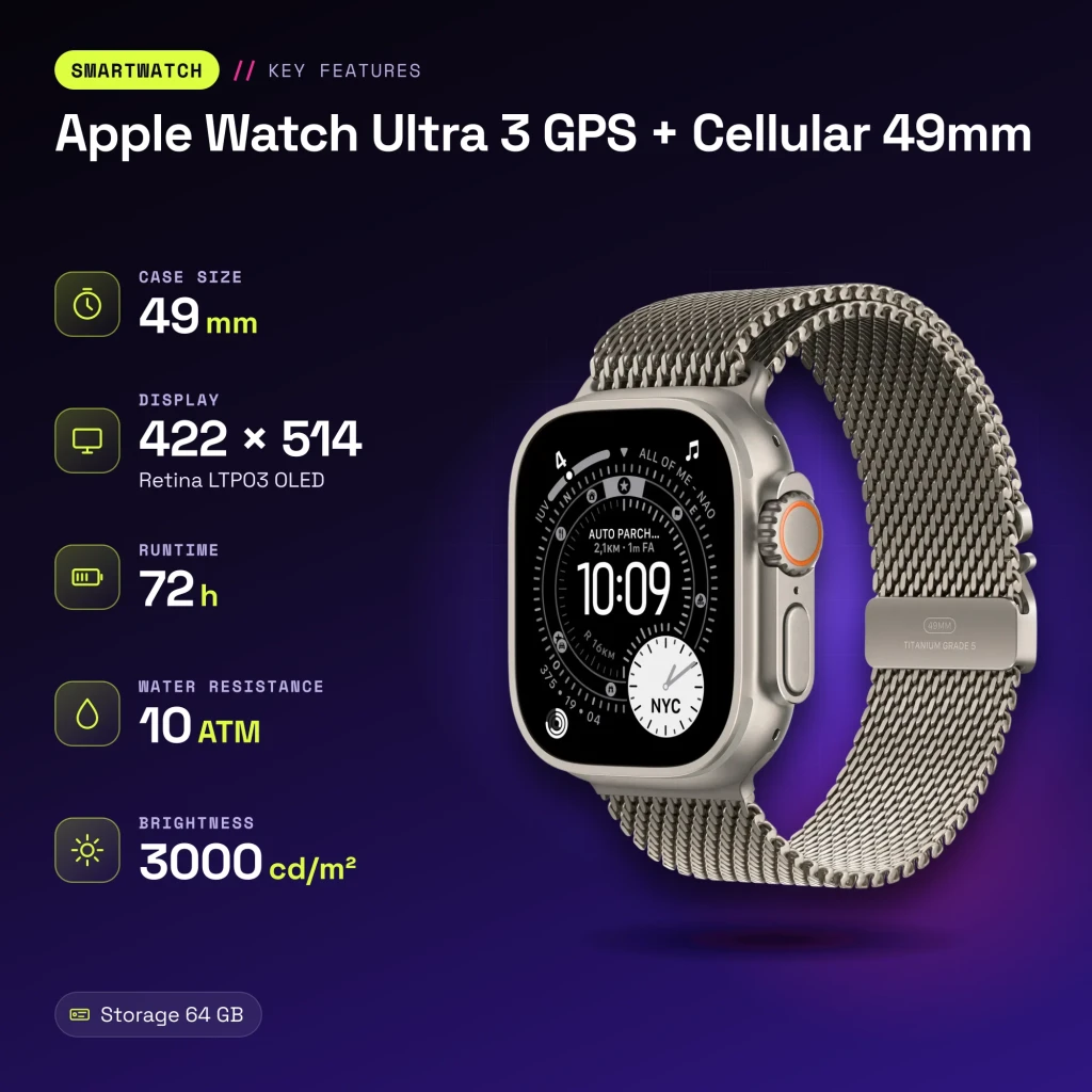 Apple Watch Ultra 3 GPS + Cellular 49mm Titanio Natural pulsera Milanese Loop de titanio talla L - características