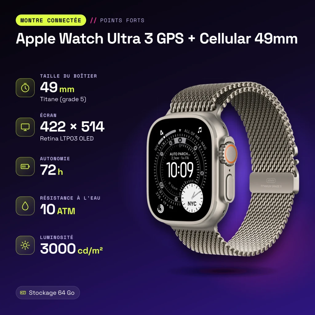 Apple Watch Ultra 3 GPS + Cellular 49mm Titanio Natural pulsera Milanese Loop de titanio talla L - características
