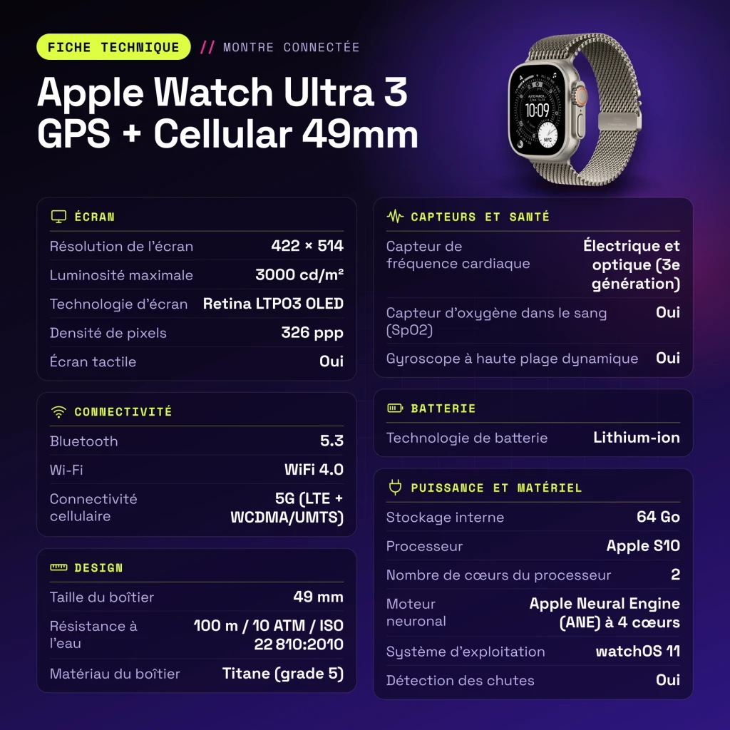 Apple Watch Ultra 3 GPS + Cellular 49mm Titanio Natural pulsera Milanese Loop de titanio talla L - características