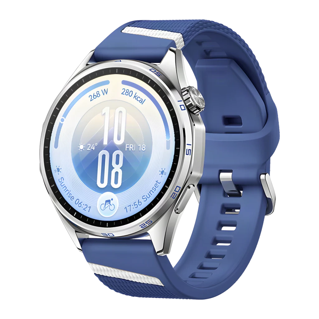 Huawei Watch GT 7 Azul/Branco NFC, vista frontal em ângulo: caixa redonda prateada, bracelete azul texturizado e coroa