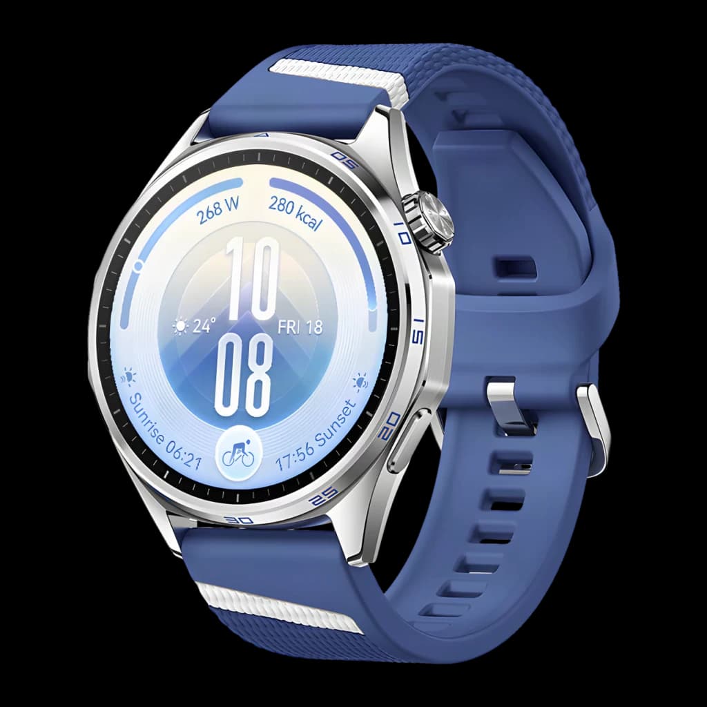 Huawei Watch GT 7 Azul/Branco NFC, vista frontal em ângulo: caixa redonda prateada, bracelete azul texturizado e coroa