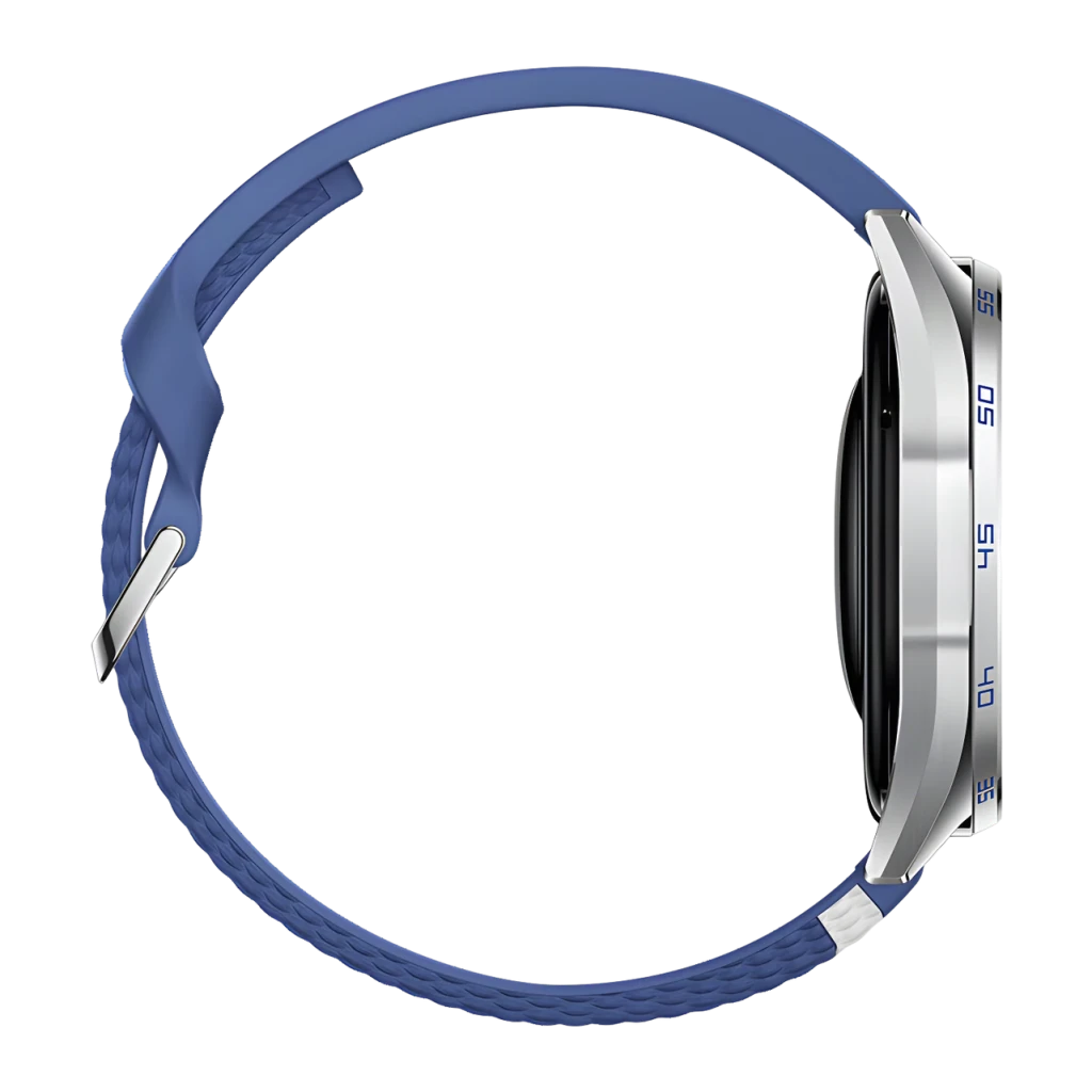 Huawei Watch GT 7 Azul/Branco NFC, vista lateral: caixa prateada com moldura graduada e bracelete azul trançada