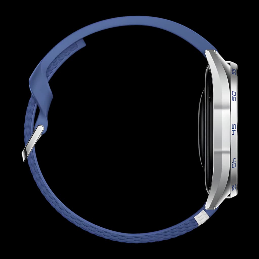 Huawei Watch GT 7 Azul/Branco NFC, vista lateral: caixa prateada com moldura graduada e bracelete azul trançada