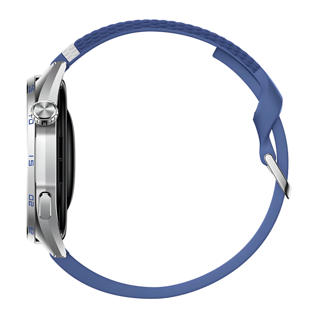 Huawei Watch GT 7 Azul/Branco NFC, vista lateral: coroa giratória, dois botões e bracelete azul texturizado