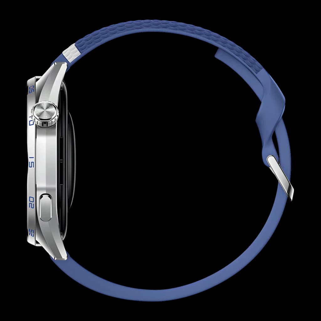 Huawei Watch GT 7 Azul/Branco NFC, vista lateral: coroa giratória, dois botões e bracelete azul texturizado