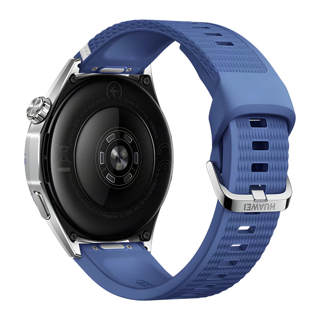 Huawei Watch GT 7 Azul/Branco NFC, vista traseira: sensor de saúde, caixa prateada e bracelete azul texturizado com fivela