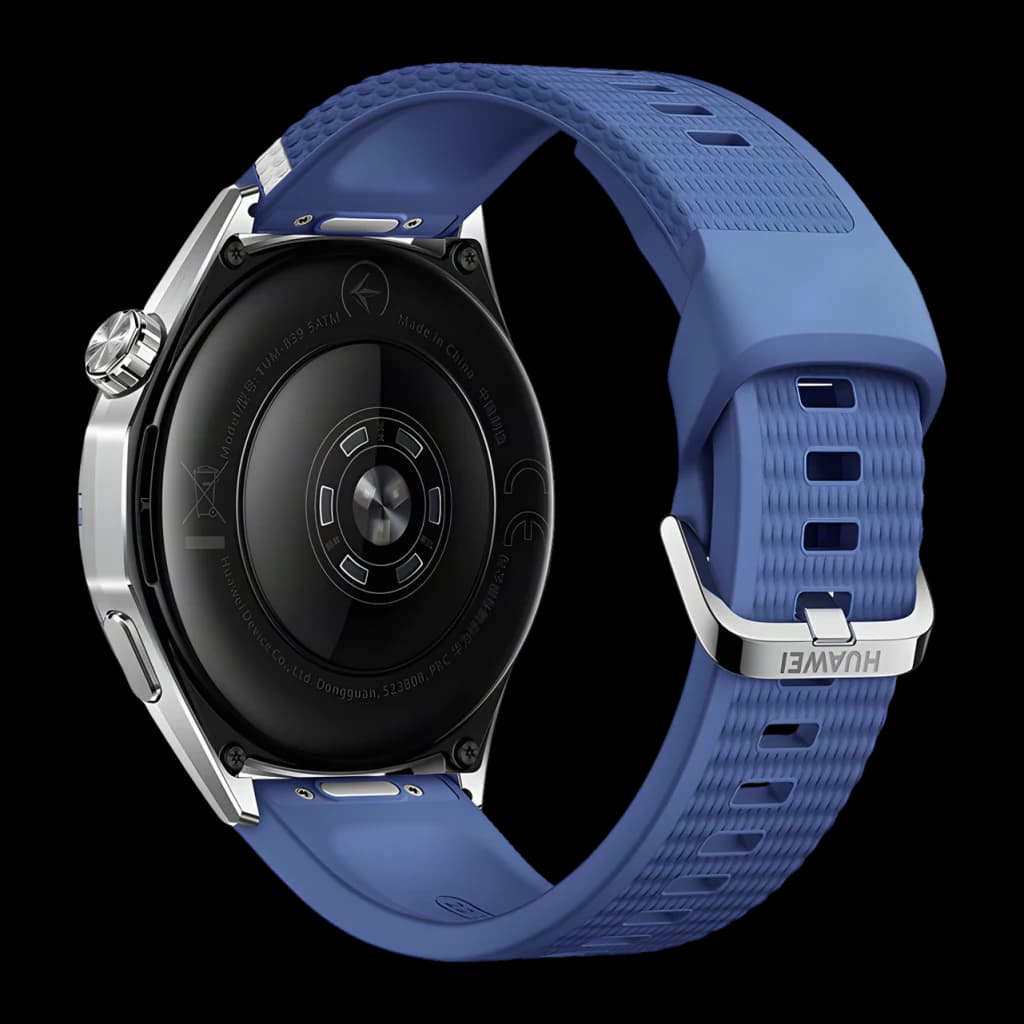 Huawei Watch GT 7 Azul/Branco NFC, vista traseira: sensor de saúde, caixa prateada e bracelete azul texturizado com fivela