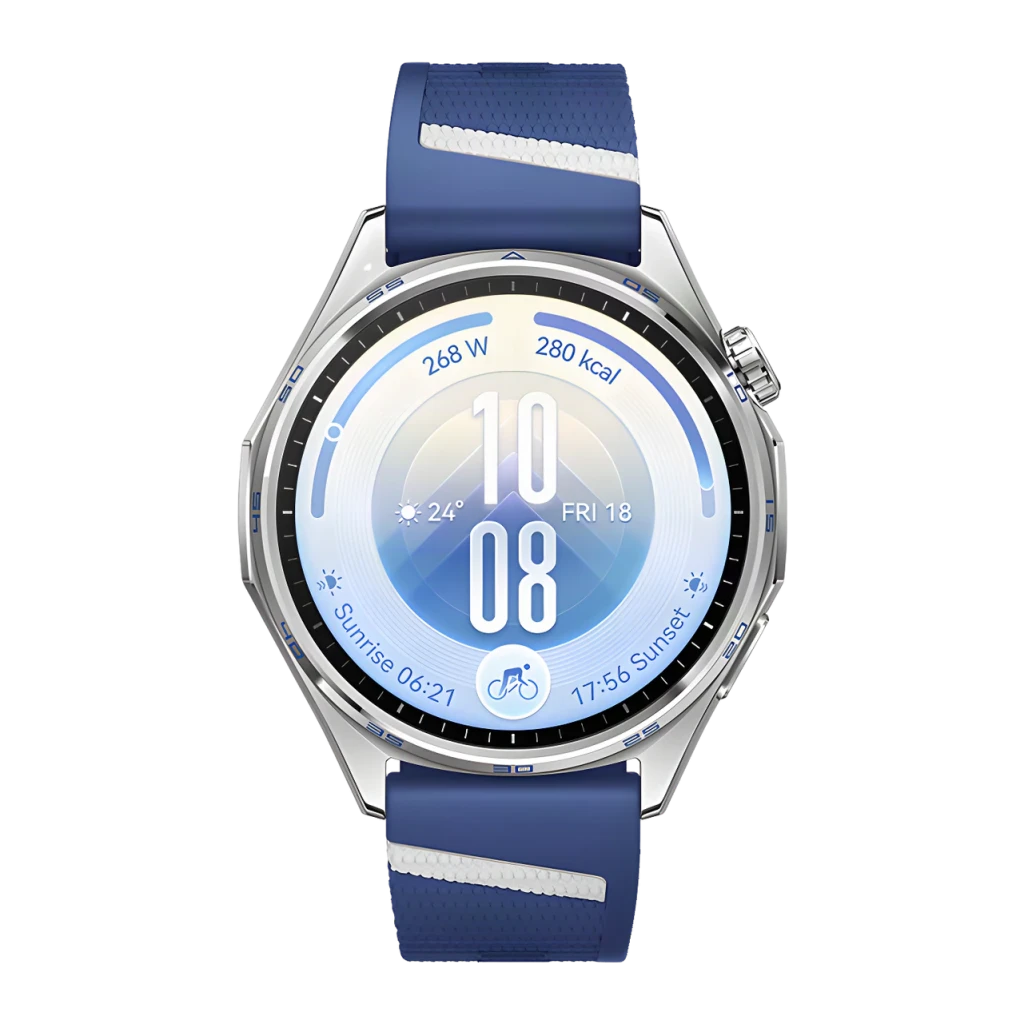 Huawei Watch GT 7 Azul/Branco NFC, vista frontal: mostrador redondo com dados de ciclismo, bracelete azul com faixa branca