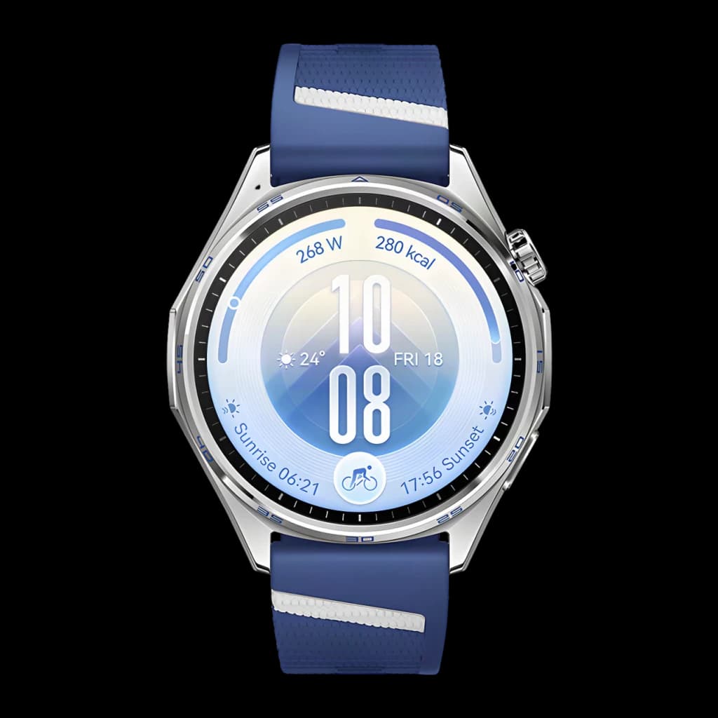 Huawei Watch GT 7 Azul/Branco NFC, vista frontal: mostrador redondo com dados de ciclismo, bracelete azul com faixa branca