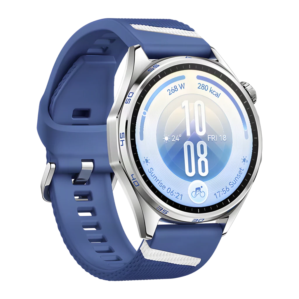Huawei Watch GT 7 Azul/Branco NFC, vista em ângulo: caixa redonda prateada com bracelete azul e faixa branca