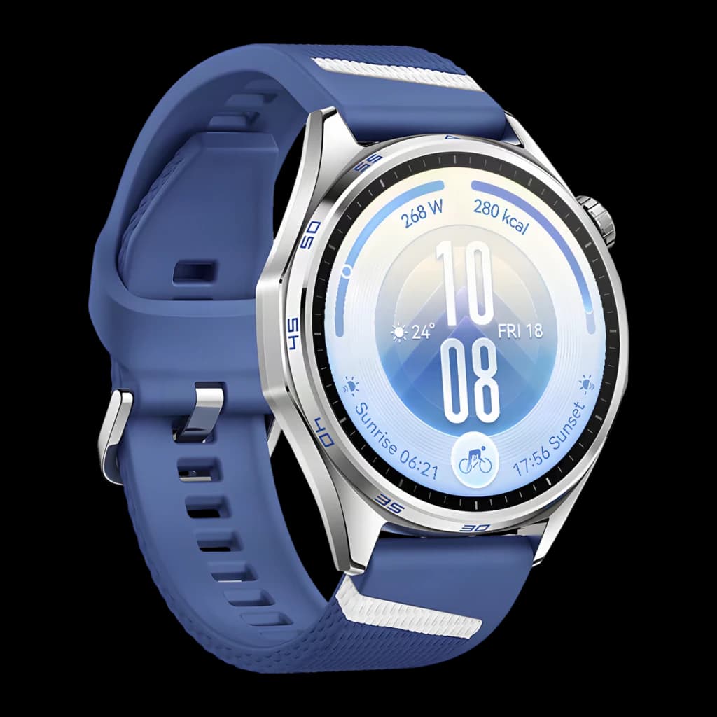 Huawei Watch GT 7 Azul/Branco NFC, vista em ângulo: caixa redonda prateada com bracelete azul e faixa branca