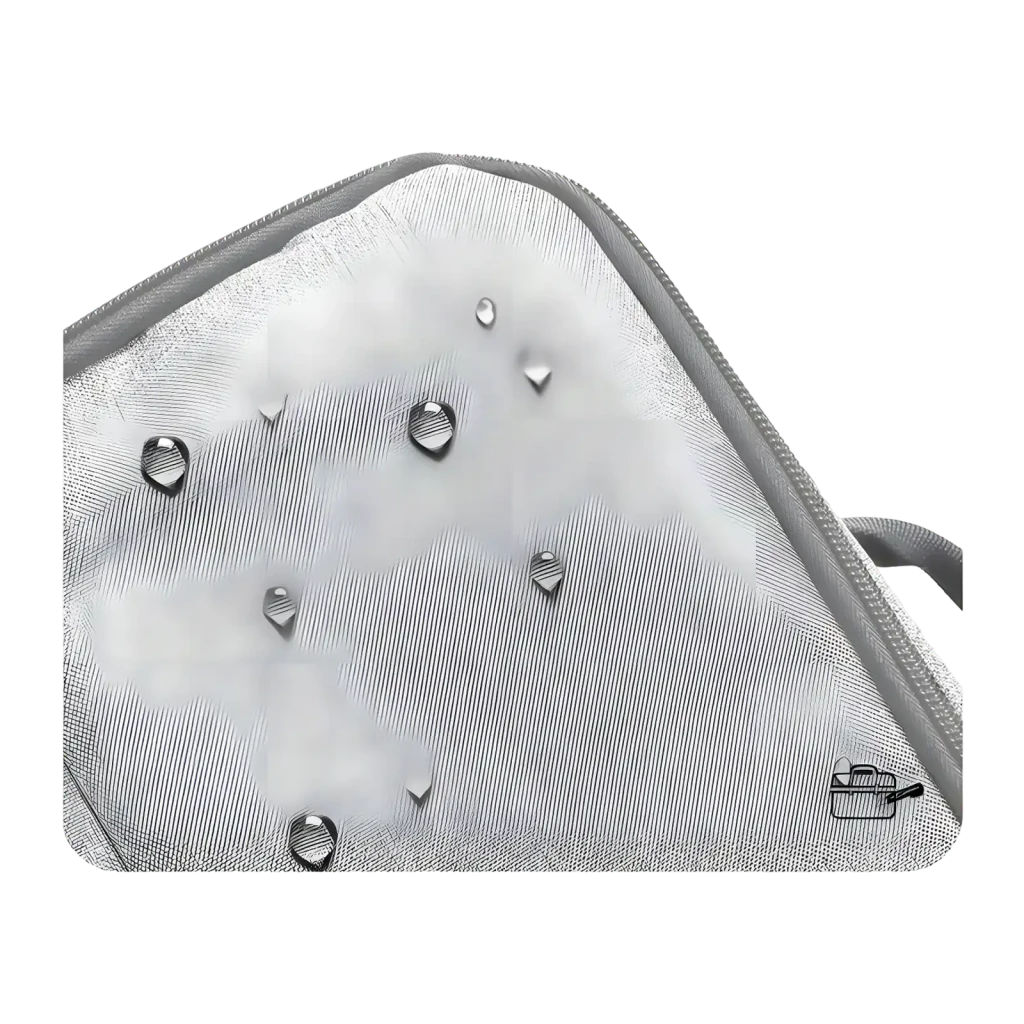 Sac Wanbo X7 Pro Max, détail: surface imperméable avec gouttes d'eau sur tissu gris argenté