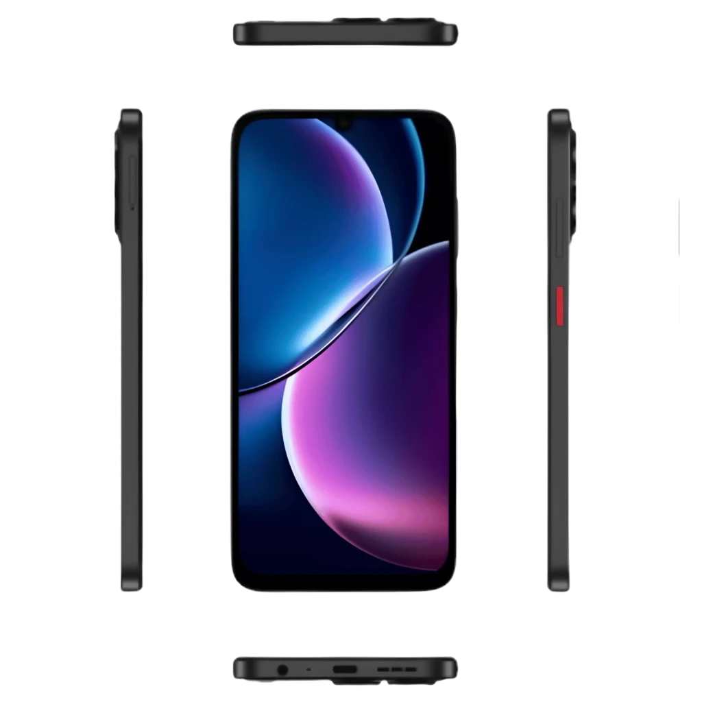 ZTE Blade A57 noir avec grand écran 6,75 pouces à encoche goutte, bords fins, bouton latéral rouge, port USB‑C et prise casque, module photo arrière