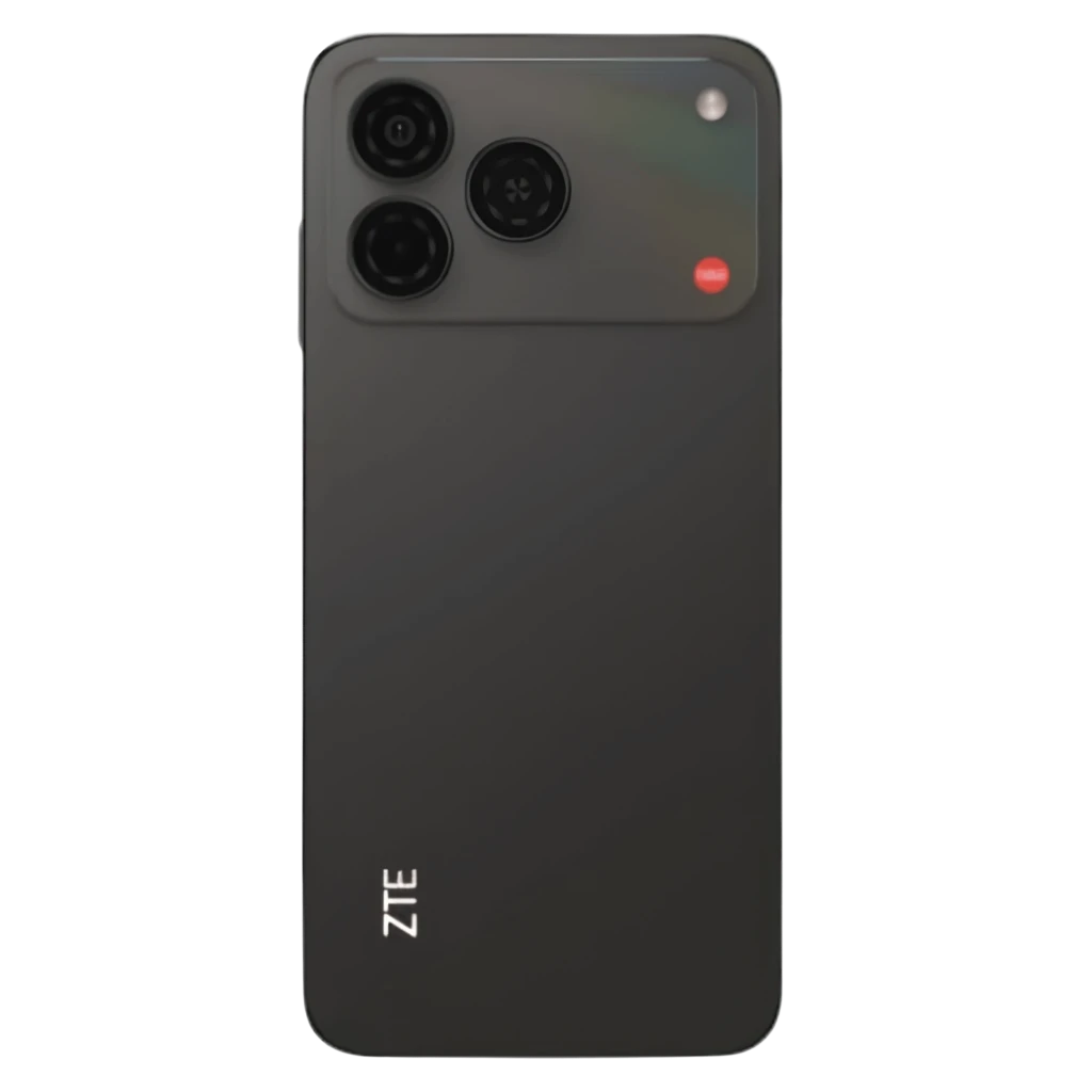 ZTE Blade A57 noir avec dos mat, module photo rectangulaire et triple capteur proéminent, logo ZTE en bas, design épuré et moderne