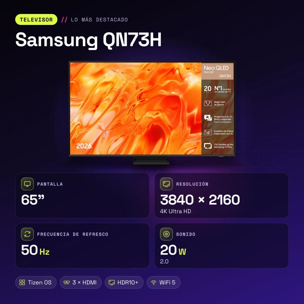 TV Samsung QN73H 65 pouces Neo QLED Mini LED 4K Tizen OS Noir - caractéristiques