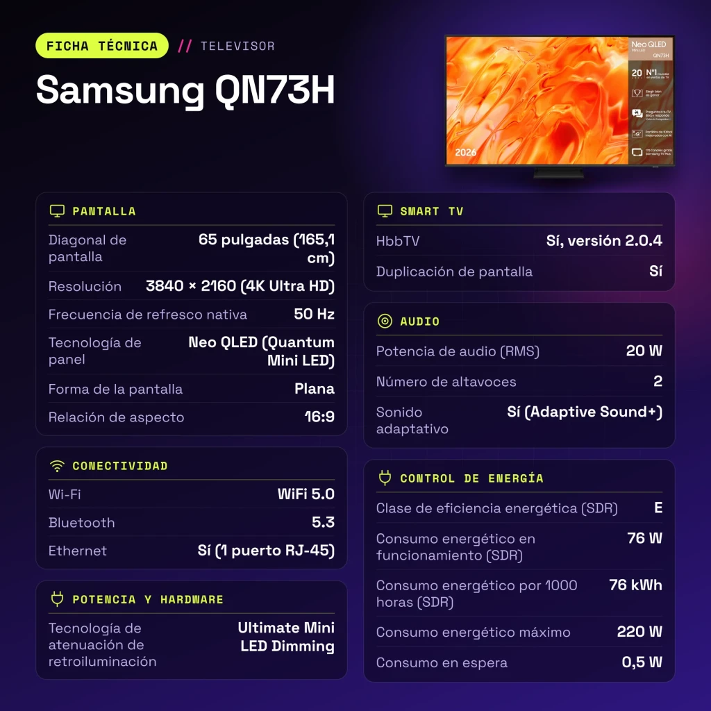 TV Samsung QN73H 65 pouces Neo QLED Mini LED 4K Tizen OS Noir - caractéristiques