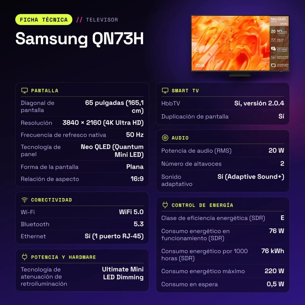 TV Samsung QN73H 65 pouces Neo QLED Mini LED 4K Tizen OS Noir - caractéristiques
