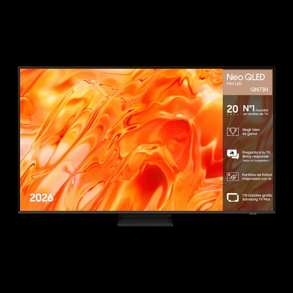 Samsung Téléviseur QN73H 65 pouces Neo QLED 4K Noir, vue de face: écran avec image orange vive et bordure noire fine