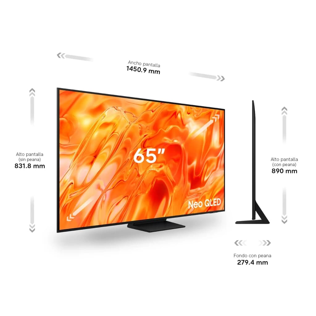 Samsung Téléviseur QN73H 65 pouces Neo QLED 4K Noir, dimensions: vues de face et de côté avec mesures de largeur, hauteur