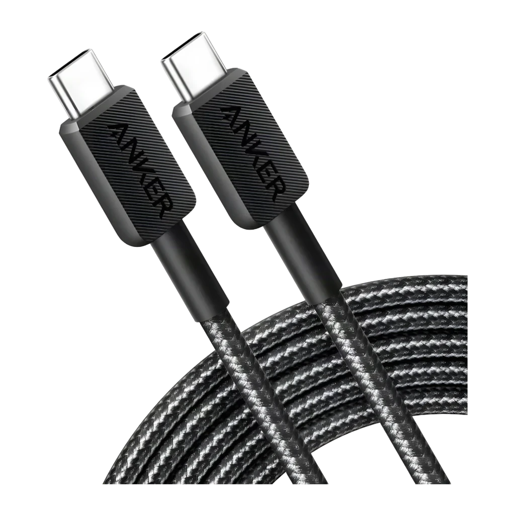 Cable usb Anker 322 USB-C a USB-C 60W 0,9m Negro, vista frontal: dos conectores USB-C con logo Anker y trenzado negro