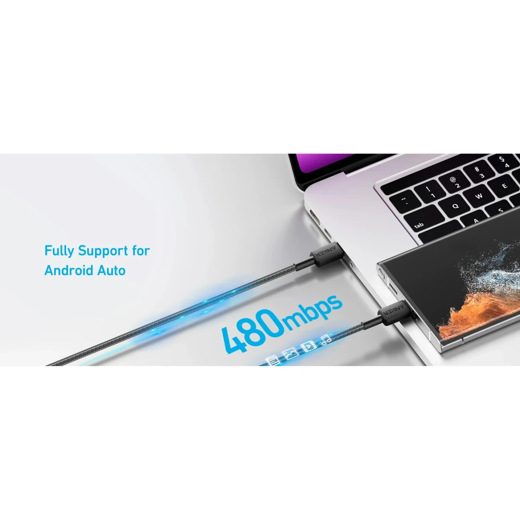 Cable usb Anker 322 USB-C a USB-C 60W 0,9m Negro, detalle: conectores en laptop y tablet, texto 480mbps y Android Auto